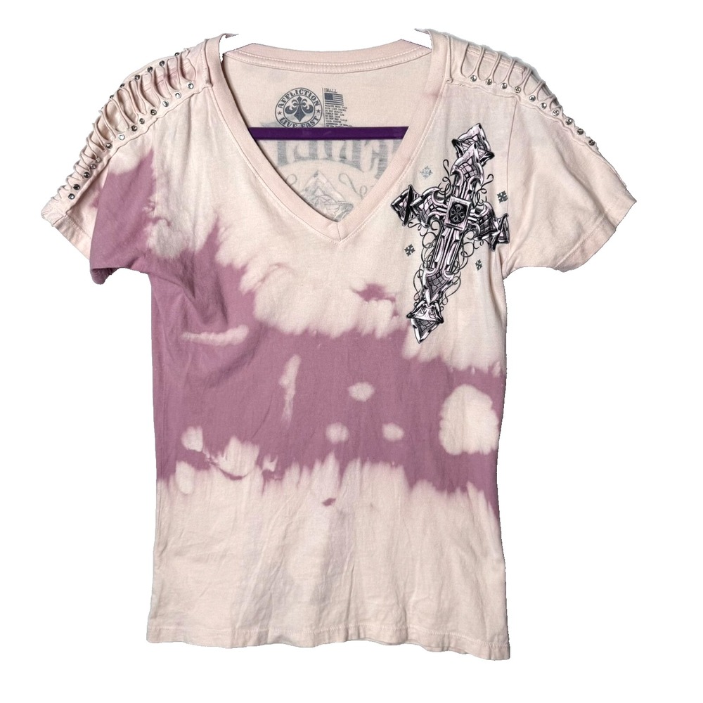 Affliction Y2K Graphic Shirt Sz S Pink Tie Dye Cross Tattoo Biker Laced Rhinesto